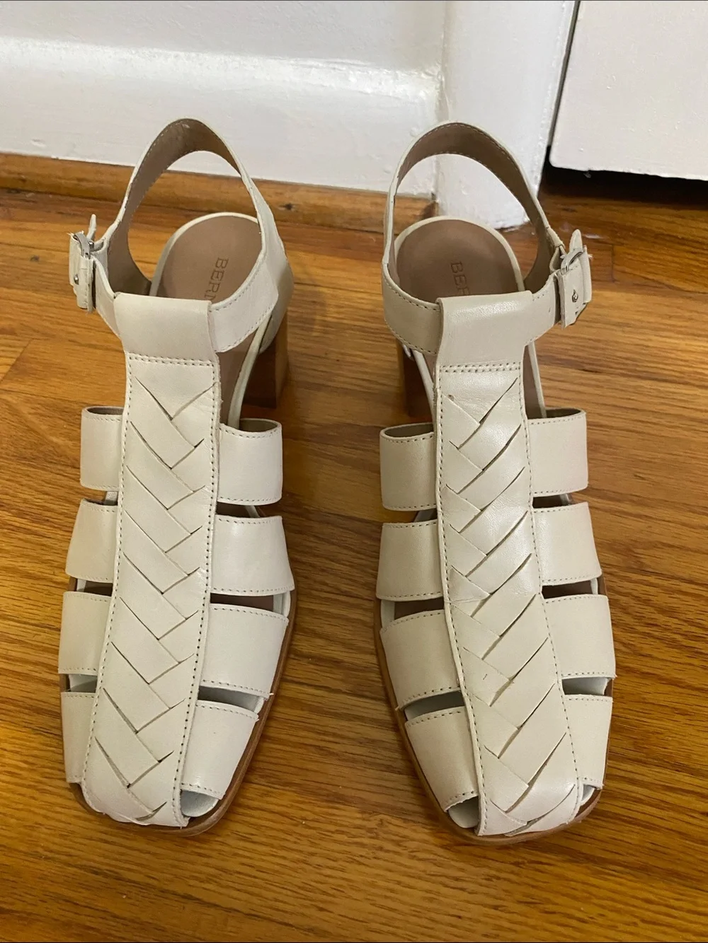 Bernardo Cream Woven Leather Block Heel Sandals